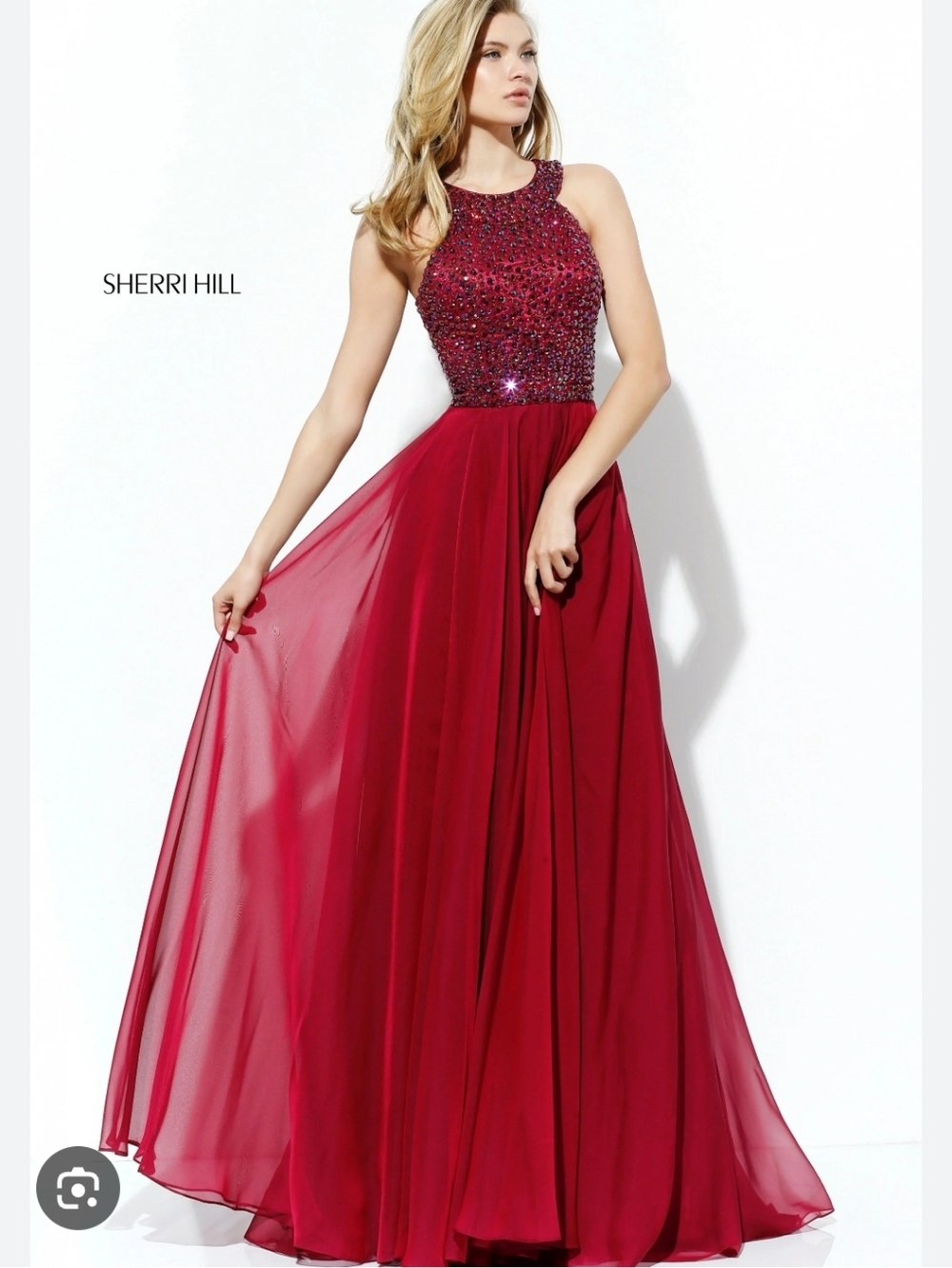 Size 16 deep wine red shimmery high neck gown flowy chiffon Aline skirt Sherri H